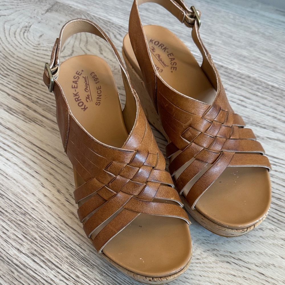Kork-Ease Cognac Brown Leather Wedge Sandals - Picture 3 of 8